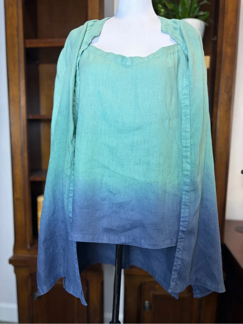 Dana Buchman 100% Linen Twinset Ombre Blue Green Coastal Grandma Cardigan Sz 12